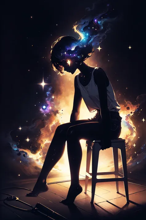 a woman sitting on a chair with a galaxy in the background