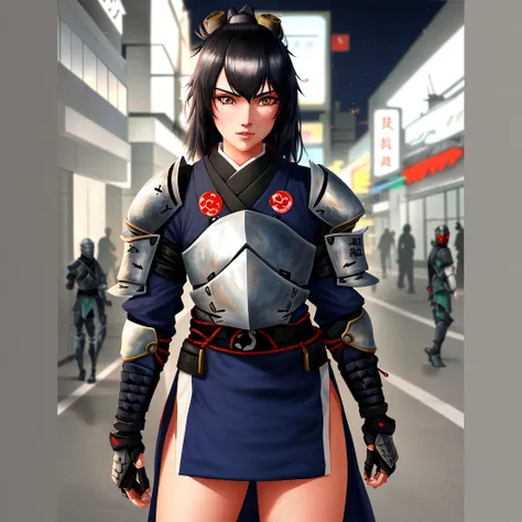 1girl,  (female knight as a female ninja as a female samurai:1.4), neon steampunk city in the night the background, indoors, det...