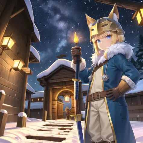 masterpiece, (wooden palisade), (((large ancient wooden city entrance gates))), ((standing at the city gates)), (guarding city gates), night, snow, ice, outdoors, detailed face, simple iron helmet, (full_body), night sky with stars, ((child girl)), fur mit...