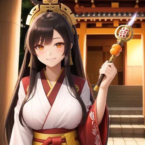 shinto miko priestess holding small mandarine and ceremonial wand, orange eyes, long hair, black hair, medium breasts, light smile, hakama,
temple in background,
intricate details, cinematic lighting, stunning environment, ornate