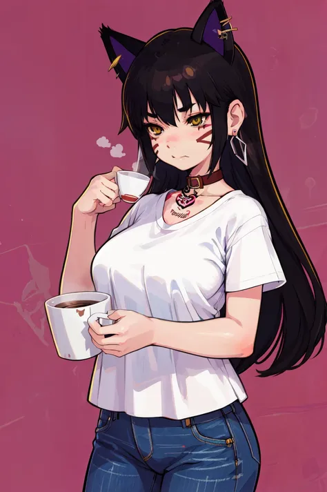 anime girl with cat ears holding a cup of coffee