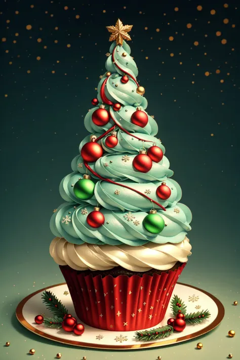 christmas cupcake with blue frosting and decorations on a plate