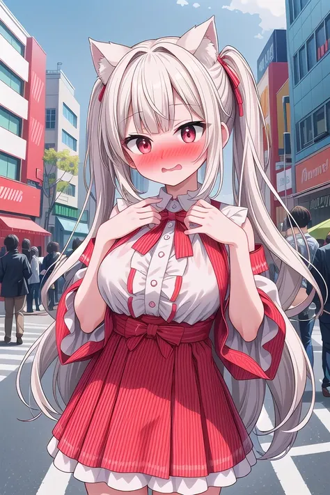 anime girl with long hair and a cat ears in a red dress