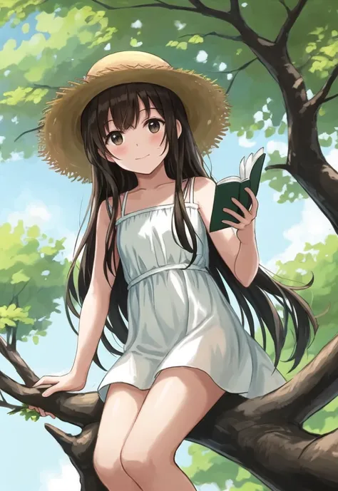 a photo of a preteen girl, wearing a white sundress and a straw hat, sitting on a tree branch, reading a book and enjoying the n...