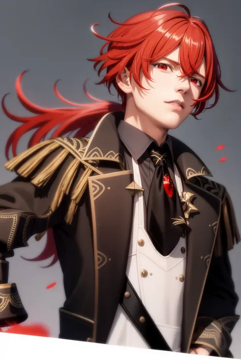 masterpiece, best quality,diluc (genshin impact), 1boy, red hair, male focus, long hair, gloves, solo, red eyes, bangs, long sle...