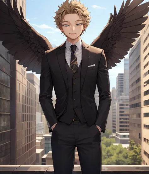 (masterpiece,highly detailed male,highres,highly detailed eyes:1.2),1boy,solo,male focus,hawks,smile,wings,standing,pants,city background,looking at the camera