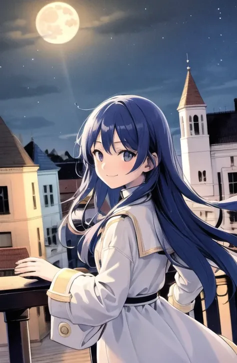 1girl, masterpiece, best quality, long hair, blue hair <lyco:frieren-08:0.8> colorful, sunlight, epic, flat color, night, smile, light smile, looking back, moon,