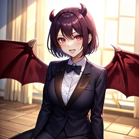 ((tuxedo)), solo mature 1girl, red_eyes, demon_wings, head_wings, upper body, broach on bowtie, vampire,  34san, short_hair, bangs, sitting, <lyco:34san_v3:1.0>