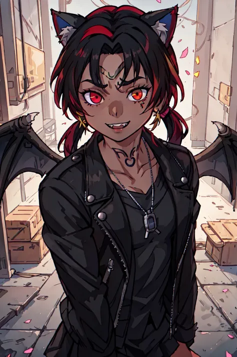 anime girl with red eyes and black leather jacket with bat wings