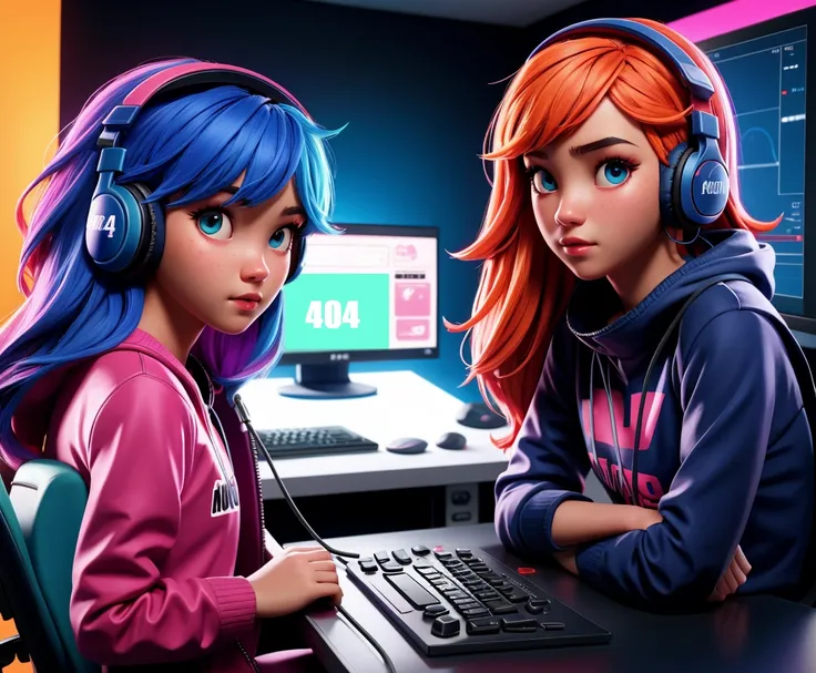 raw photo, solo, 1girl, hyperrealistic photo of a kaukasian gamer girl, colored hair, headphones, sitting infront of a computer, monitor says "404", playing games, highly detailed, perfect face,