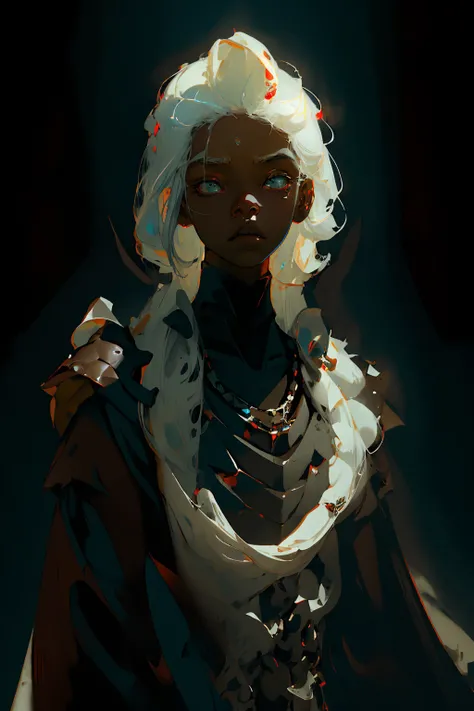 1 girl ,  beautiful but sad face, dark skin tone, white hair,  pale skin, skinny,  glowing eyes,  bone necklace,  black armor, ripped cape,   horrify, 
 dark room, dim light, creepy, scary
(Highest quality:1.3), cinematic shot, masterpiece,  , detailed bac...