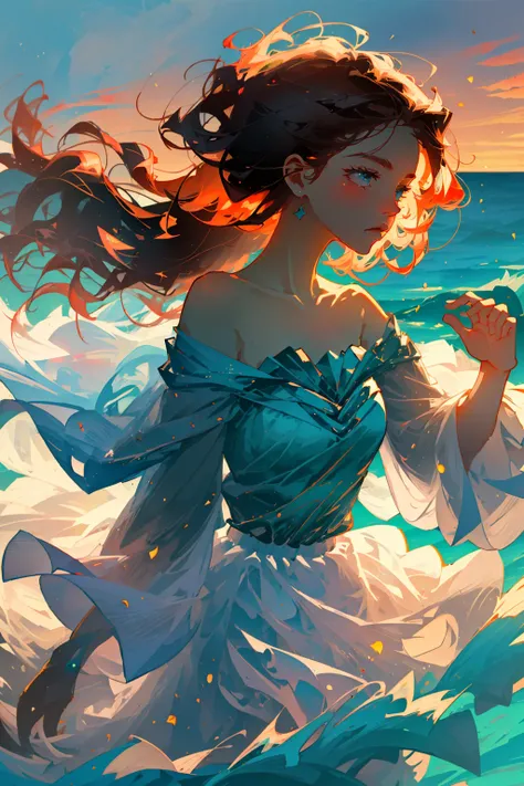 1girl,  particle, wind, red curly hair, upper body, dark skin,ocean ,  off shoulder dress , side view, 
sunshine, backlight, brushstrokes, negative space, 
(best quality, masterpiece),
  <lora:epiNoiseoffset_v2:1>