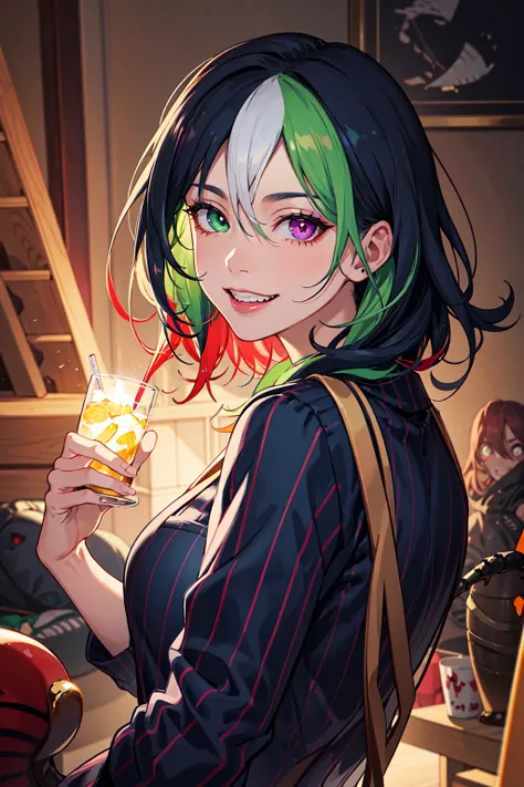 a woman with green hair holding a glass of wine in her hand