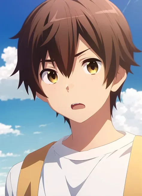 chuunibyou demo koi ga shitai <lora:chuunibyou_demo_koi_ga_shitai_offset:1>, masterpiece, best quality, 1boy, male focus, solo, brown hair, open mouth, cloud, sky, looking at viewer, cloudy sky, shirt, brown eyes, yellow eyes, hair between eyes