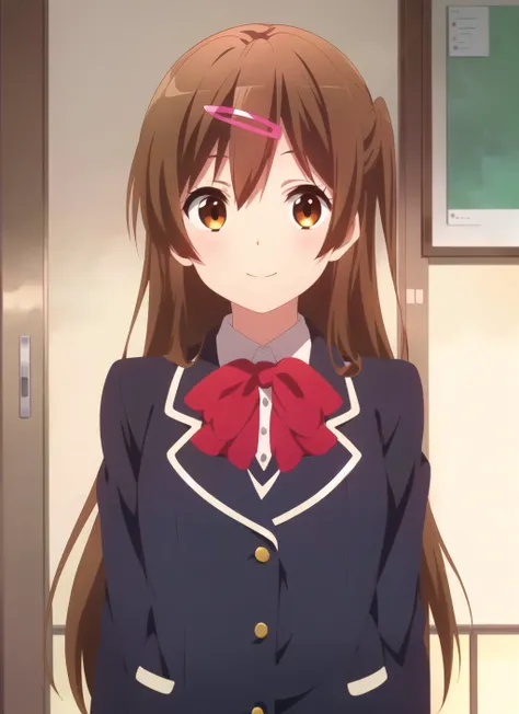 chuunibyou demo koi ga shitai <lora:chuunibyou_demo_koi_ga_shitai_offset:1>, masterpiece, best quality, 1girl, icho private high school uniform, brown hair, school uniform, hair ornament, long hair, hairclip, brown eyes, solo, one side up, smile, blazer, j...