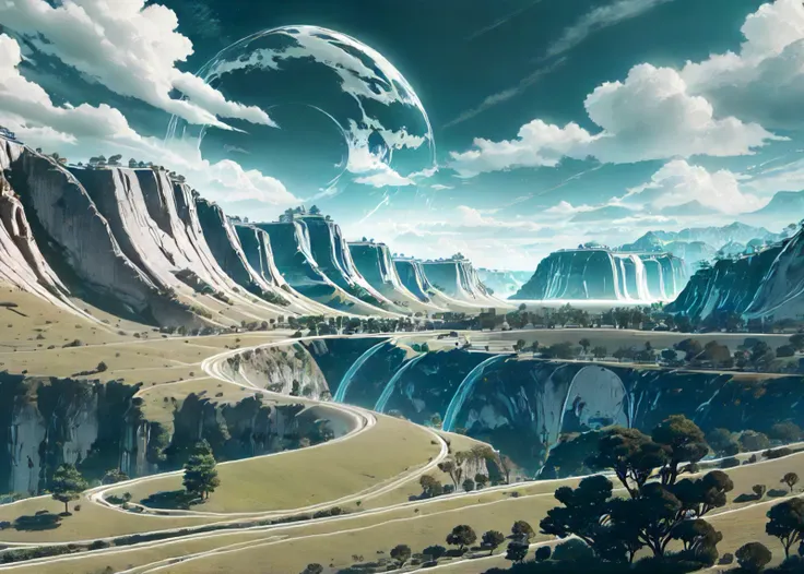 anime landscape with a mountain and a river in the middle