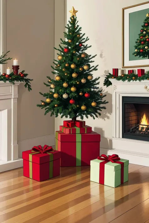 a close up of a christmas tree with presents in front of a fireplace