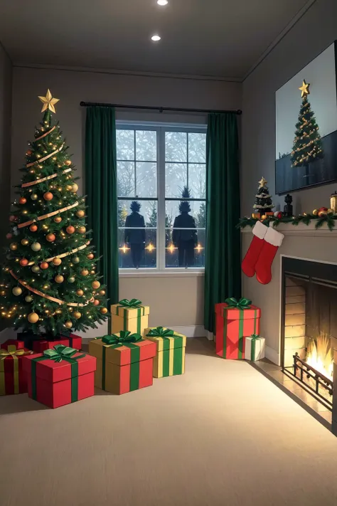 arafed christmas tree with presents in front of a fireplace