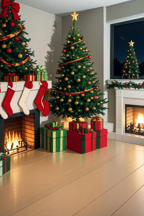 there is a christmas tree and presents in front of a fireplace