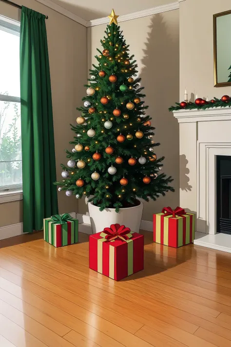 a close up of a christmas tree with presents in a living room