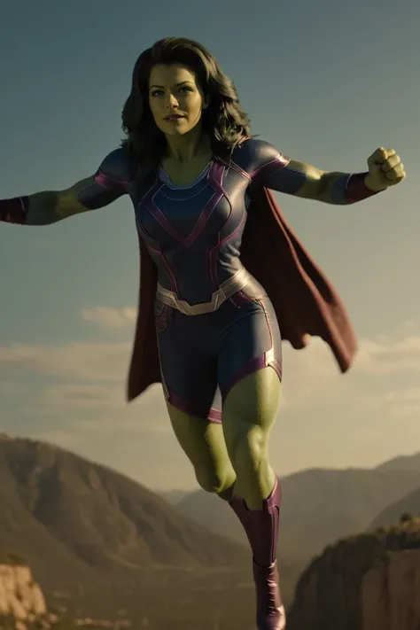 a woman in a purple and green outfit is flying over a mountain