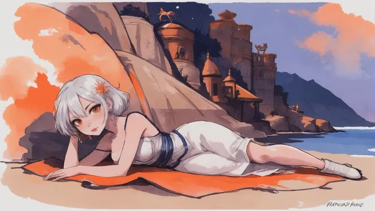 anime girl laying on a towel on the beach near a castle