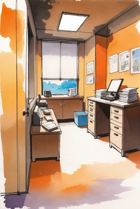 rough anime watercolor sketch, ink and wash, Mail Room (room) <lora:EnvyStarlightAnimeWatercolor01:1>