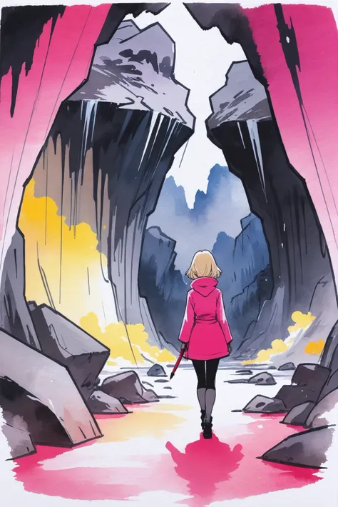 a woman in a pink coat walking through a cave