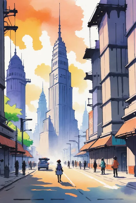 anime city street scene with people walking and cars on the road