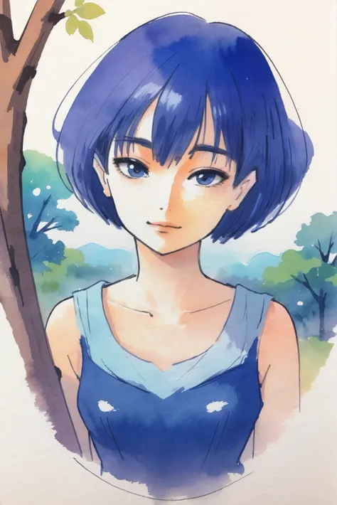 a drawing of a woman with blue hair and a blue dress