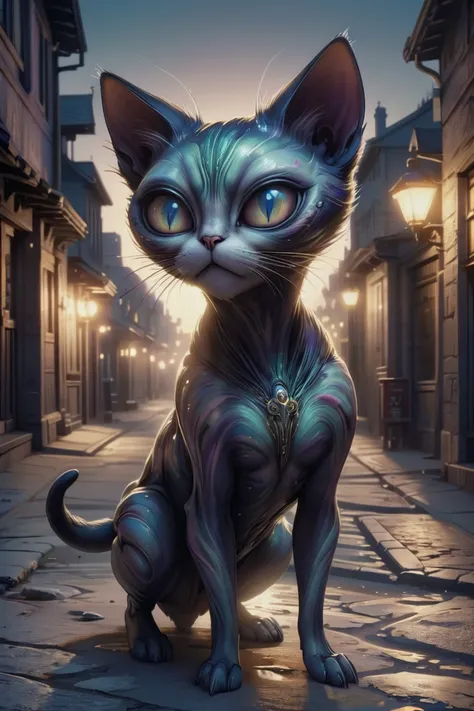 alienzkin creepy, A curious cat spirit, with translucent whiskers, prowling the alleys of an old town at dusk.<lora:EnvySpiritXL02-creepy:0.6><lora:alienzkin-sdxl:0.6>