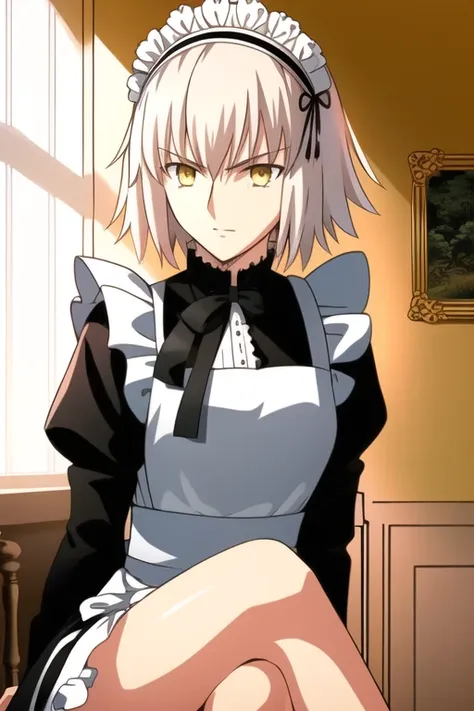 (((sitting, crossed legs))), ((jeanne d'arc alter \(fate\))), ((maid, maid apron, maid headdress)), best quality, looking at vie...