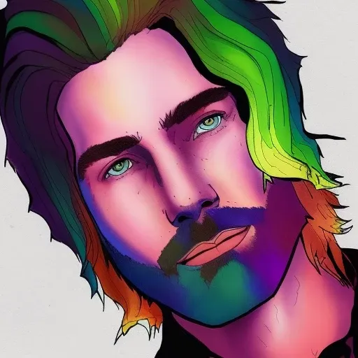 dskyart1, incredible masterpiece, a drawing of a man with rainbow hair and green eyes ,looking at the camera, a character portra...