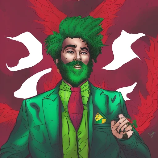 dskyart1, incredible masterpiece,a drawing of a man with a green hair and beard and a beardcut on his face and a green shirt, al...