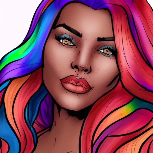 dskyart1, woman with rainbow hair,  looking at the camera,   incredibly detailed beauty, animated, comic book,  dskyart1