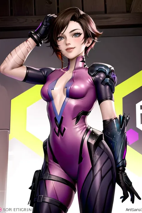 ((best quality)), ((highly detailed)), masterpiece, ((official art)),  (Ruby Rose),(widowsuit:1.2) (pink bodysuit),,smile,medium breasts, (tattoo), (arm tattoo:1.2),  best quality, masterpiece, intricate details, tonemapping, sharp focus, hyper detailed, t...