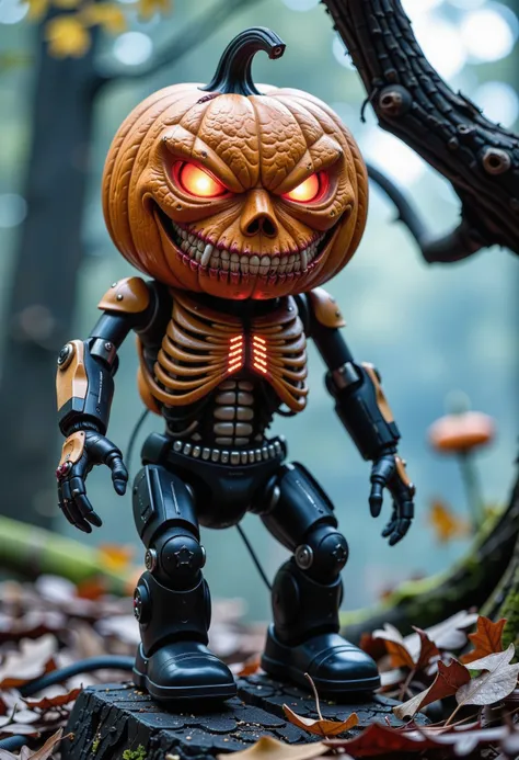 create an unsettling image of a mutate pumpkin transformed into a cyborg. the pumpkin's once-cute face now contorts into a grote...