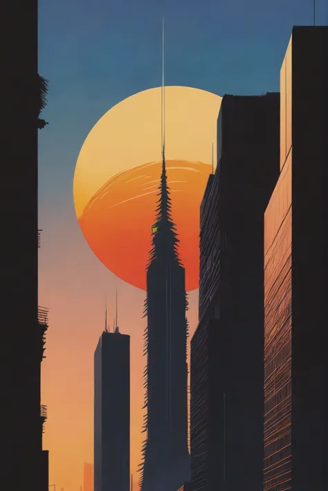 a painting of a city with tall buildings and a sunset