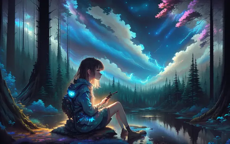 (drybrush speed painting)+, realistic anime lone girl sitting and looking up at a grand vivid night sky, forest, paint (strokes)...