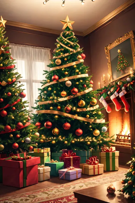 a close up of a christmas tree with presents in front of it