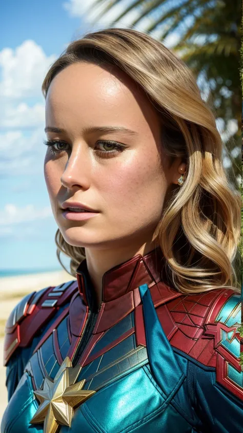 analog style, skin details, high detailed skin texture, ((photorealistic), film grain), 8k hdr, ultra realistic, film photography, dslr, Movie poster , tropical island, romantic, Brie Larson as captain marvel, (detailed skin,detailed eyes:1.3), beach Palm ...