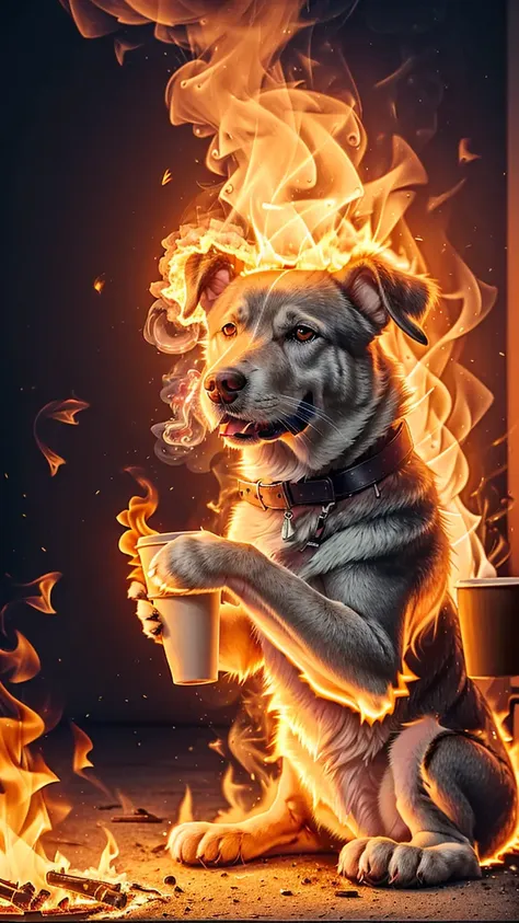 (anthropomorphic  dog:1.3) holding a coffee cup, sitting, in a robe, eating breakfast and holding a coffee cup, hat, particles, ...