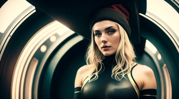 tiktok girl, (from_below:1.31) (standing:1.21) blonde_hair , beanie , victorian era , black formfitting bodysuit , in a space sh...