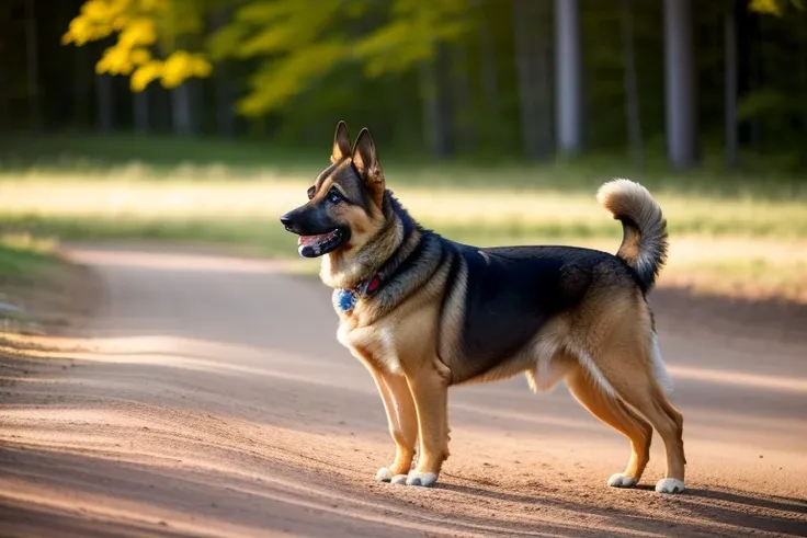 cinematic high angle full-body shot of a healthy german shepherd dog playing [at the:in the:0.75] [beach|park:0.5] [forest:0.75]...