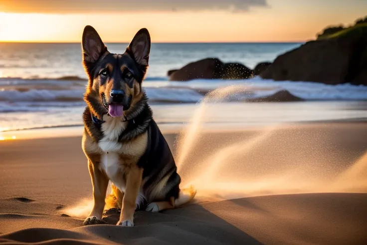 cinematic wide angle full-body shot of a healthy german shepherd dog playing [at the:in the:0.75] [beach:park:0.5] [:forest:0.75...