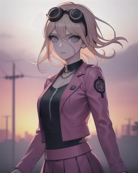 iruma miu/(danganronpa/), street bacgkround, short hair, casual outfit, pink jacket, bank ultra-detailed, masterpiece, illustrat...