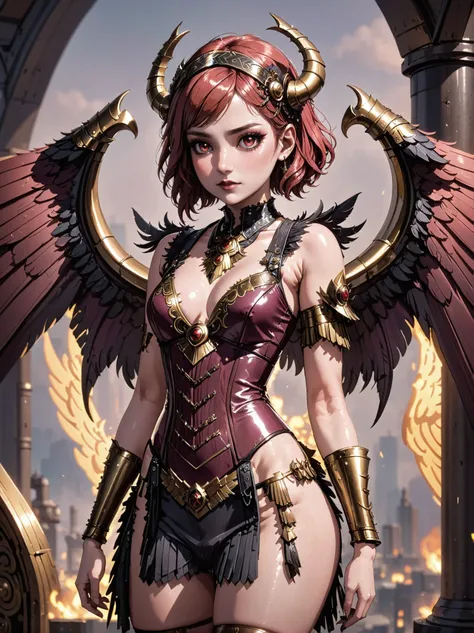 anime style, 1girl, woman, (literal Flapper:1.3) succubus, wings, full body, [:intricate costume design,:0.2], bombshell hair, corroded color:burlywood metal and multicolor hair with crimson highlights, Classic Length Hair, thicc athletic build, medium bre...