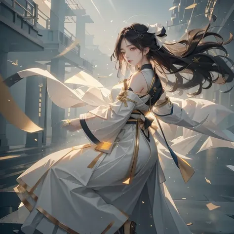 1girl, Asian, solo focus, longhair, (strong wind:1.3), shoulder revealed, gloves, <lora:easttechwear:0.7>, (black hanfu:0.6), silhouette, soft light, simple background, god ray, gold earings, fullbody, side view, motion blur, paper particles