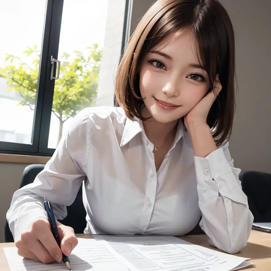 strong sunlight, (window), outside trees visible break
adult female, white collar shirt, looking at camera, smiling, writing not...