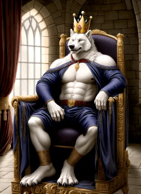 anthro (white wolf), adult, solo, male, pose, fit body, sitting,  sitting on a throne, king, male focus, full body, front view, detailed eyes, realistic hands, realisitic fur, detailed fur, pubic hair, veiny muscles, (indoors castle background), photoreali...